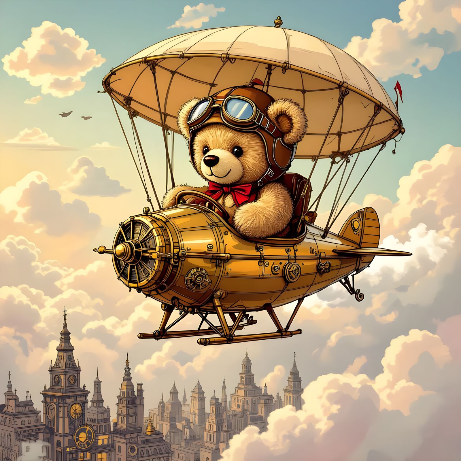 Steampunk Teddy Bear Pilots Dirigible Over Victorian City