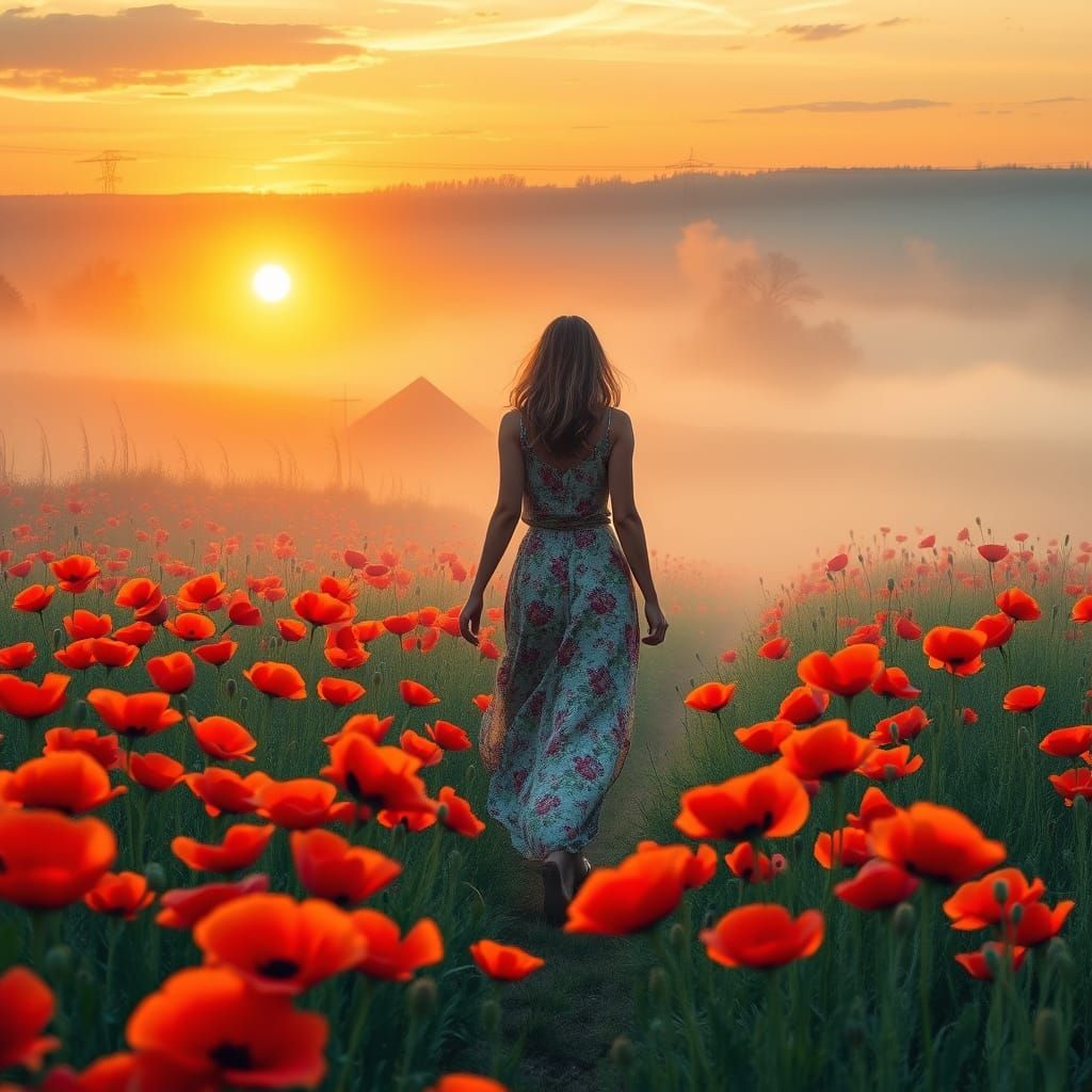 Poppy Field at Sunrise: Impressionist Digital Art