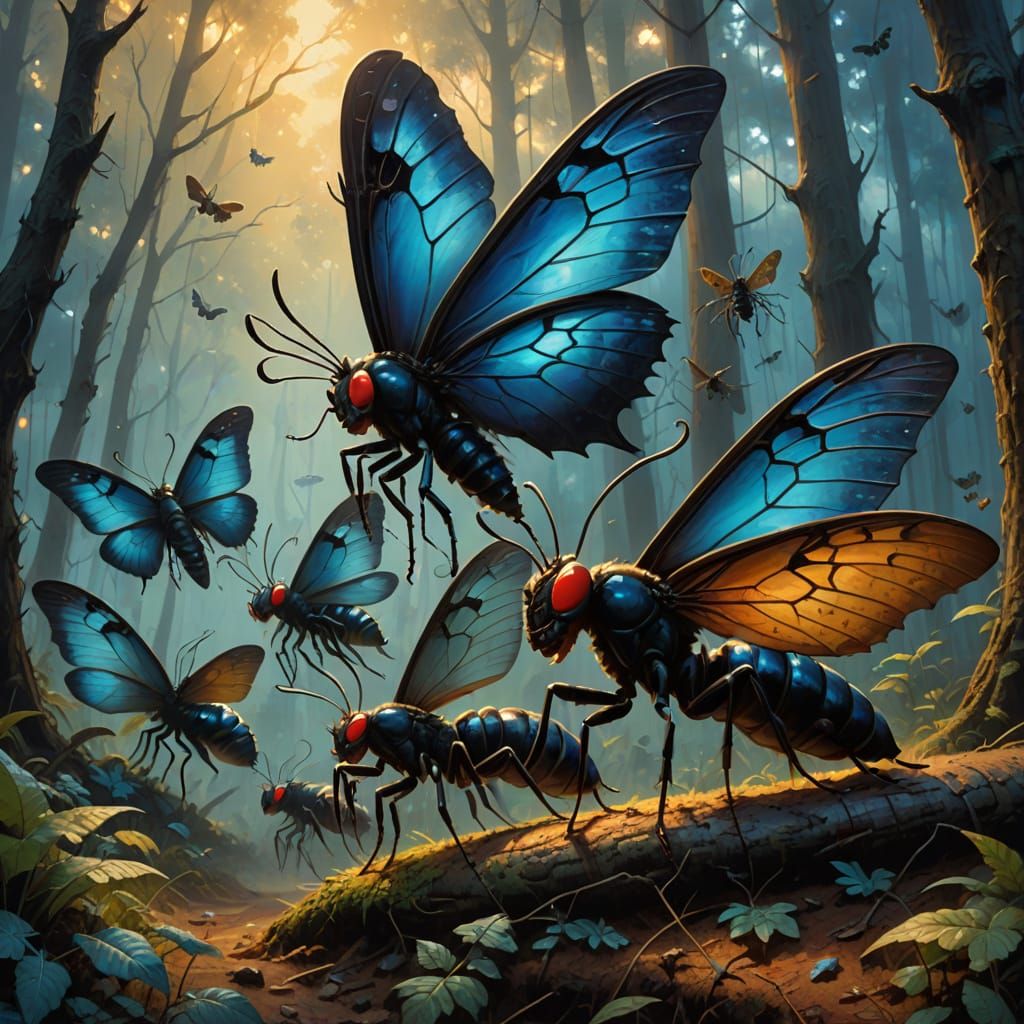 Giant Moth Ants March in Dark Fantasy Oil Painting