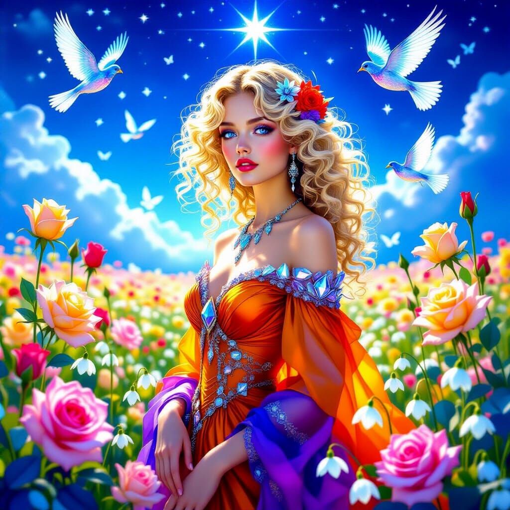 Cosmic Meadow with Crystal Flowers and Woman