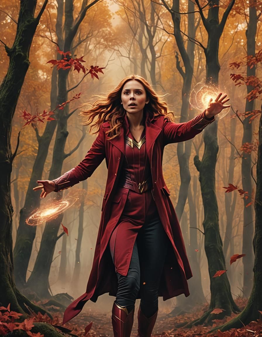 Scarlet Witch Casting Spell in Comic Book Style