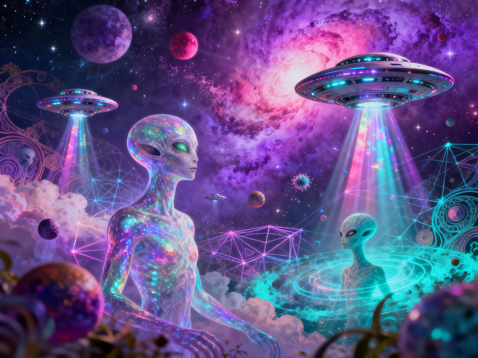 UFOs and Aliens in Cosmic Psychedelic Nebula Illustration