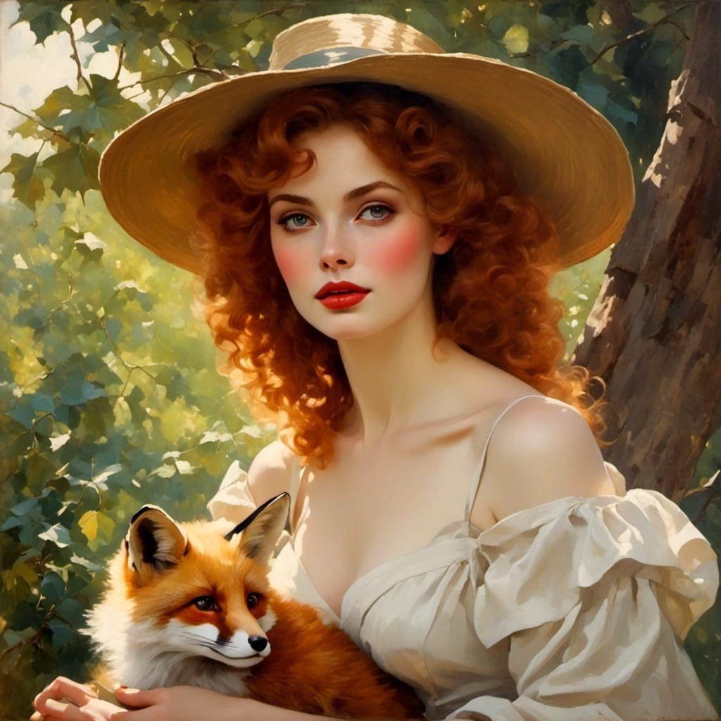 Elegant Redhead with Fox in Dreamy Oak Setting
