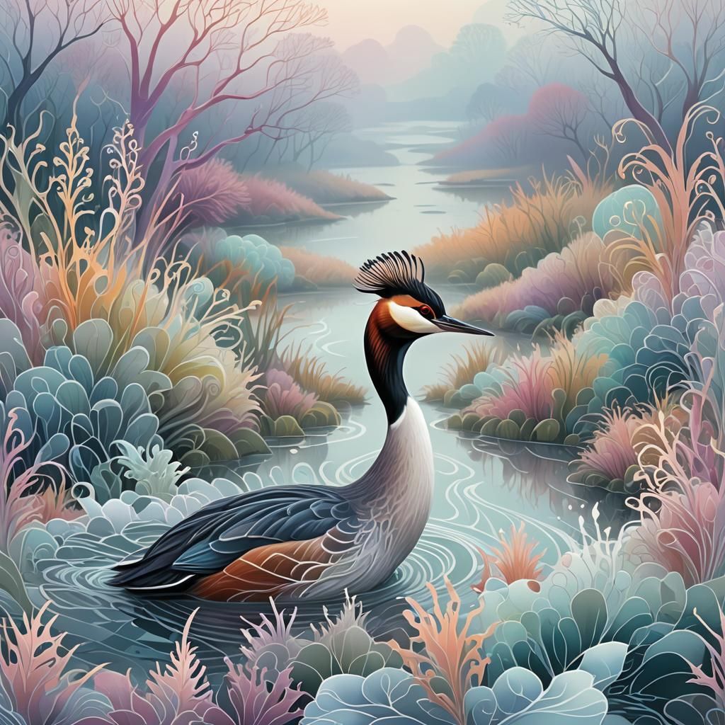 Great Crested Grebe in Abstract Fractal Landscape