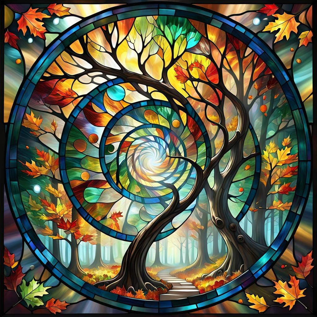 Colorful Stained Glass Vortex with Autumn Forest