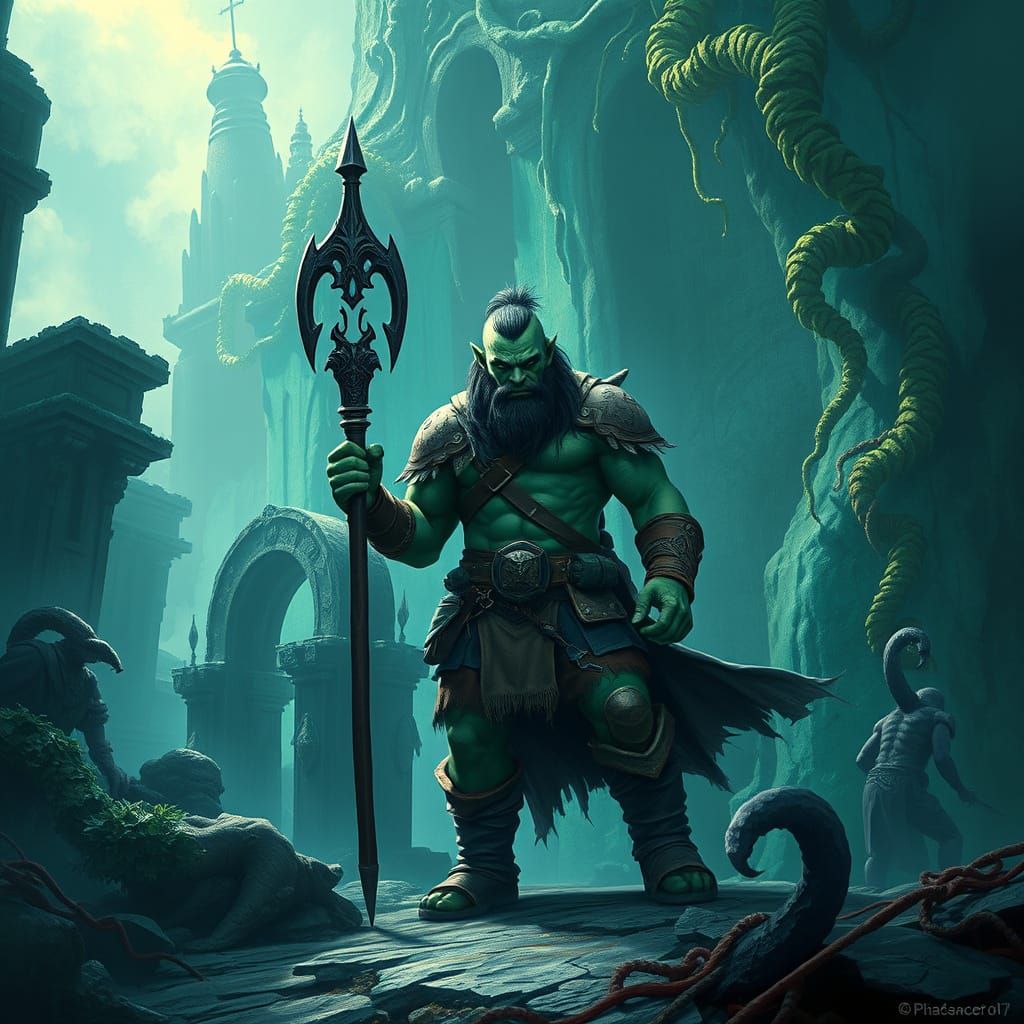 Heroic Half-Orc Warrior in Mysterious High-Fantasy Realm