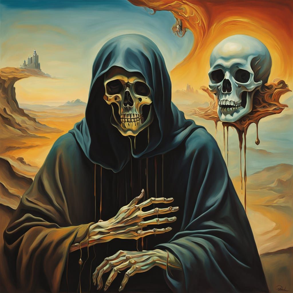 Surreal Oil Painting of the Grim Reaper in a Tender Embrace