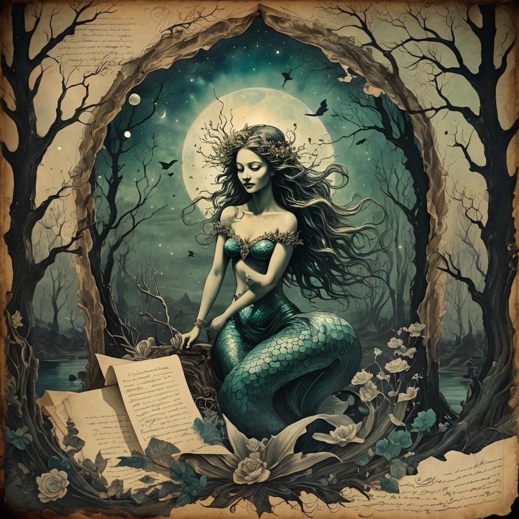 Luminescent Mermaid on Parchment in Surrealist Style