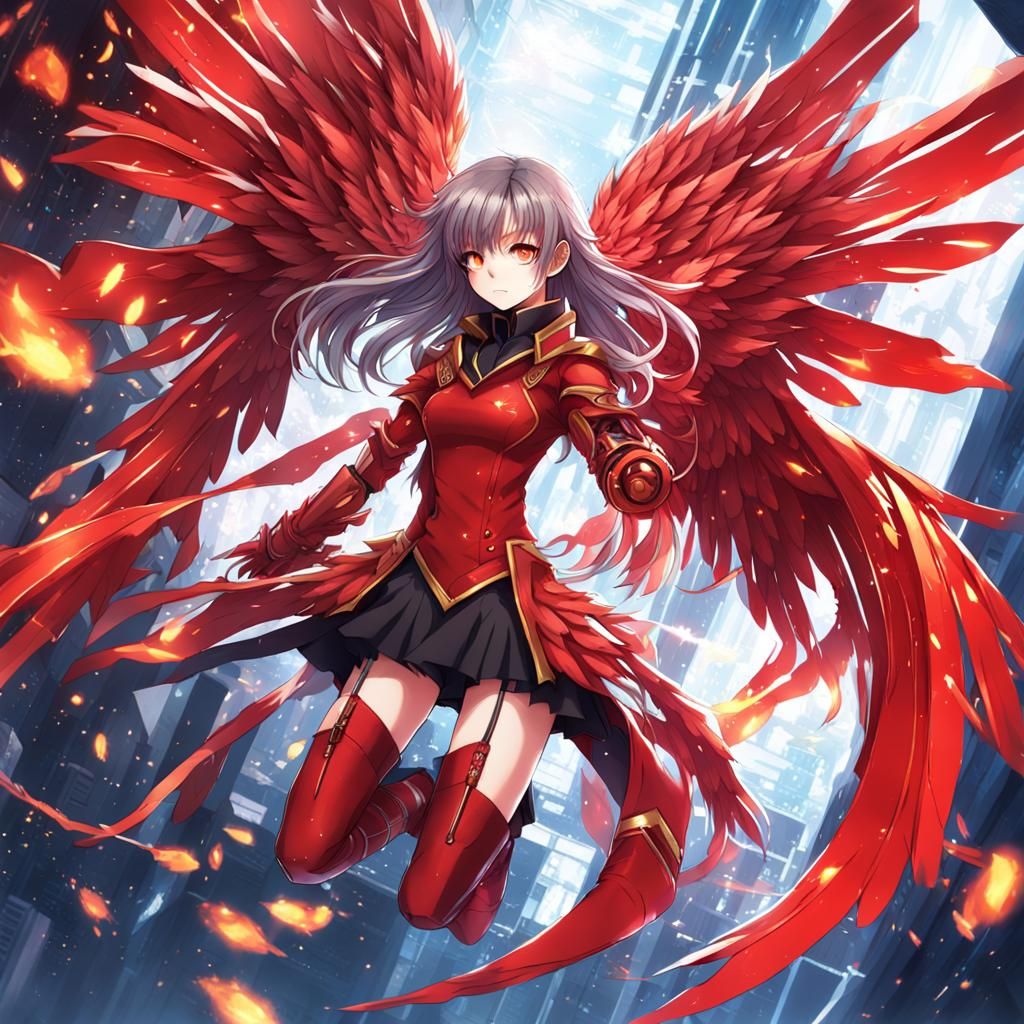Cyber Phoenix Girl in Anime Key Visual Style