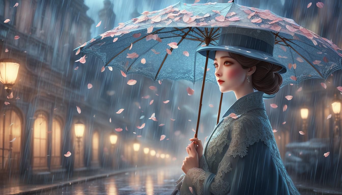 Elegant Woman Walking in Rain: 3D Anime Art