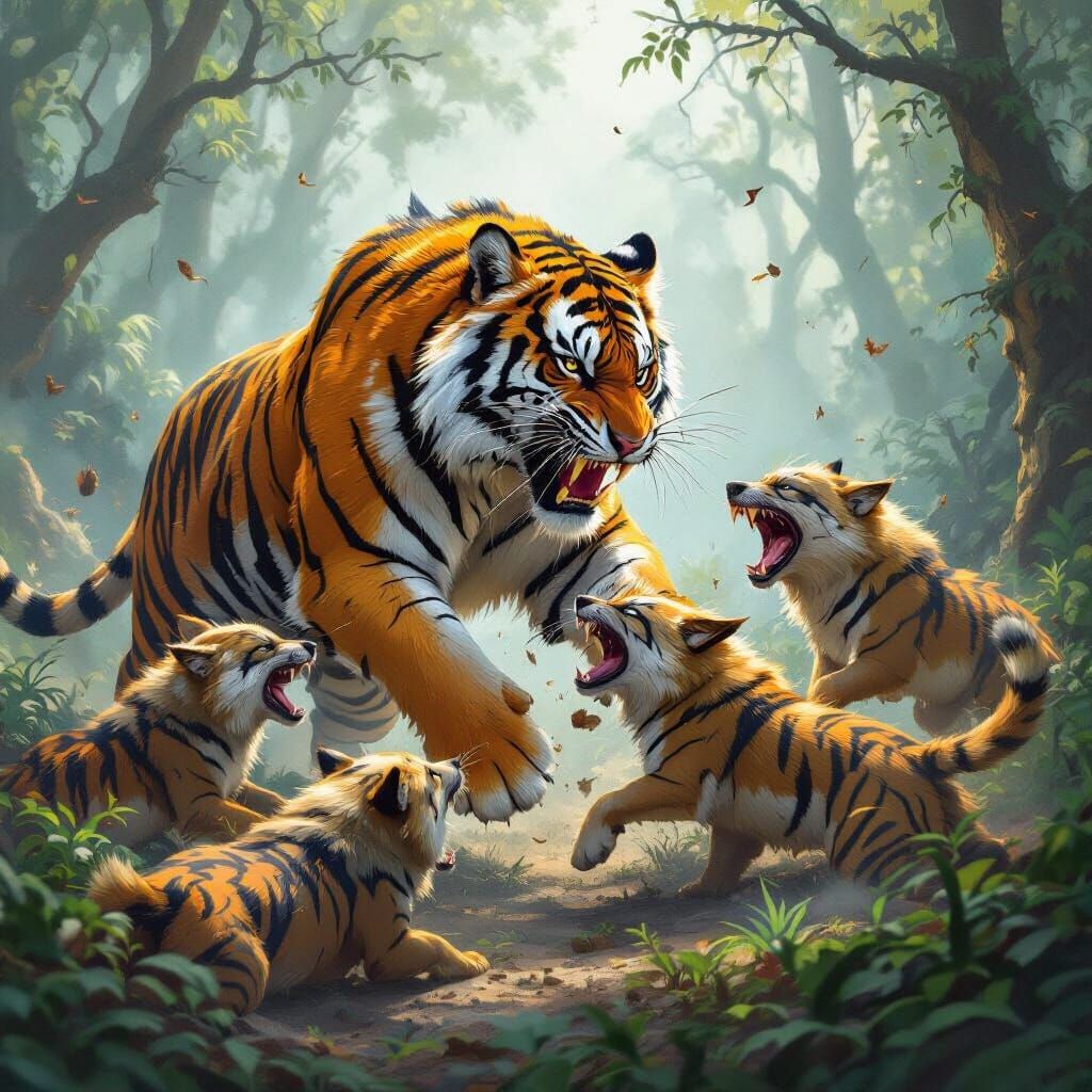 Tiger Battles Dholes in Misty Forest, Fantasy Art