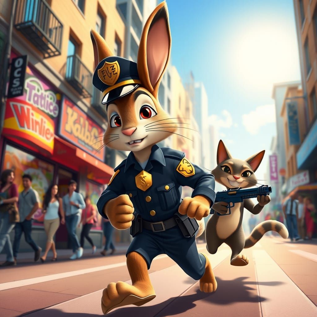Vibrant Rabbit Cop Chases Sly Cat in Disney-Inspired City St...