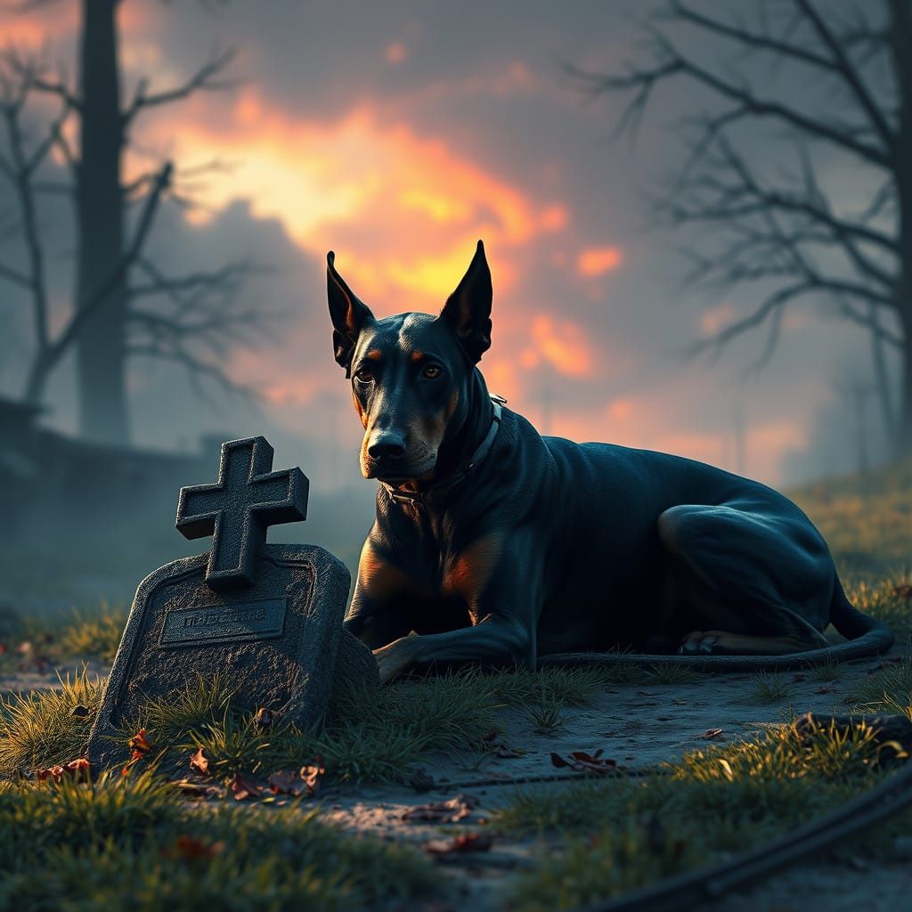 Loyal Doberman Waits for Return in Dreamlike Landscape