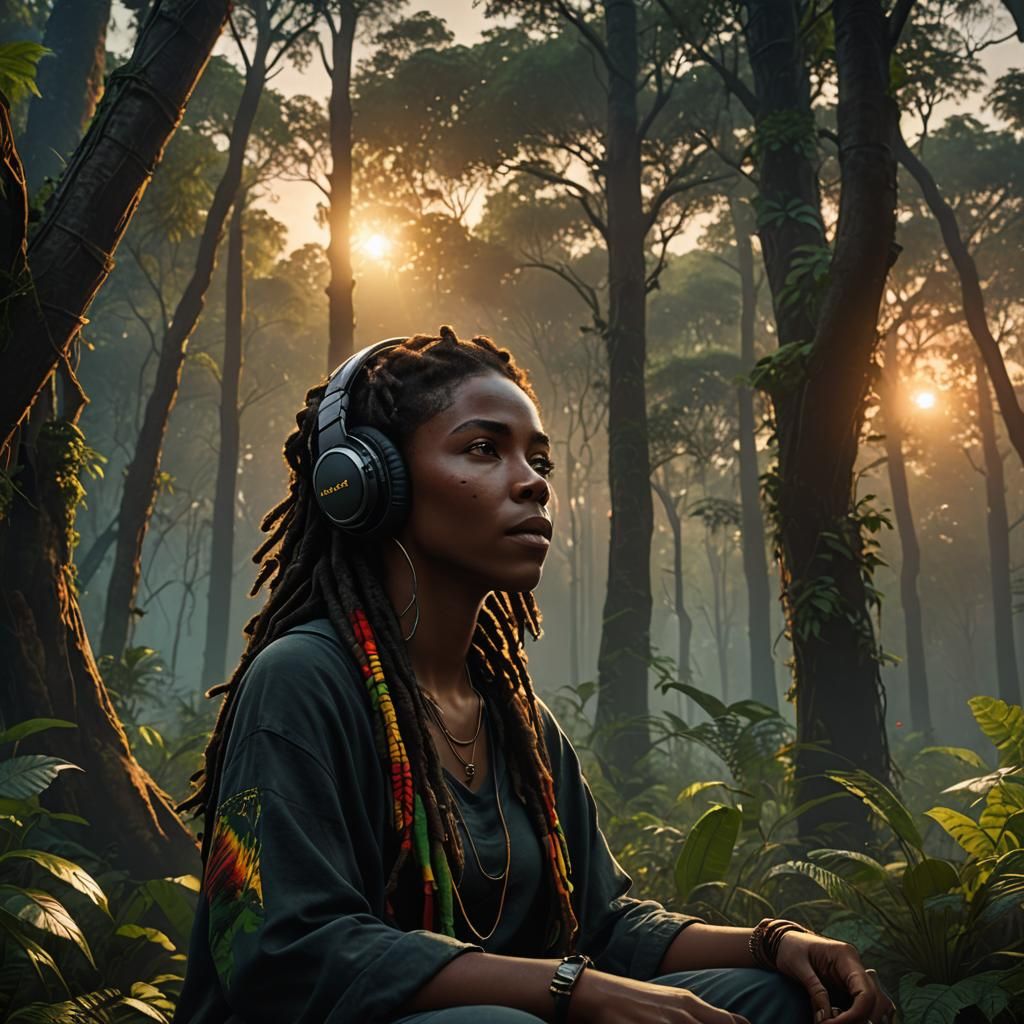 Black Rasta Woman Listening to Music at Sunset