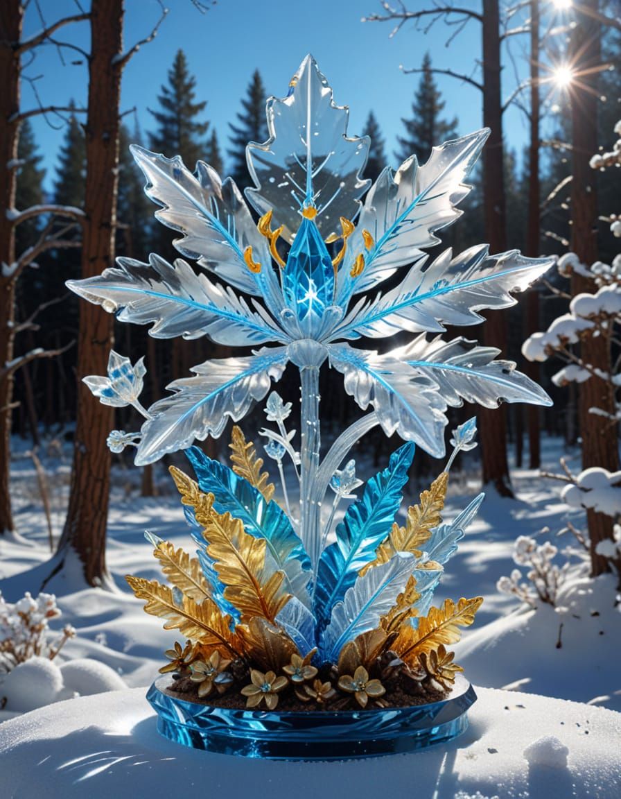 Crystal Cowboy Sculpture with Majestic Flowers in Winter For...