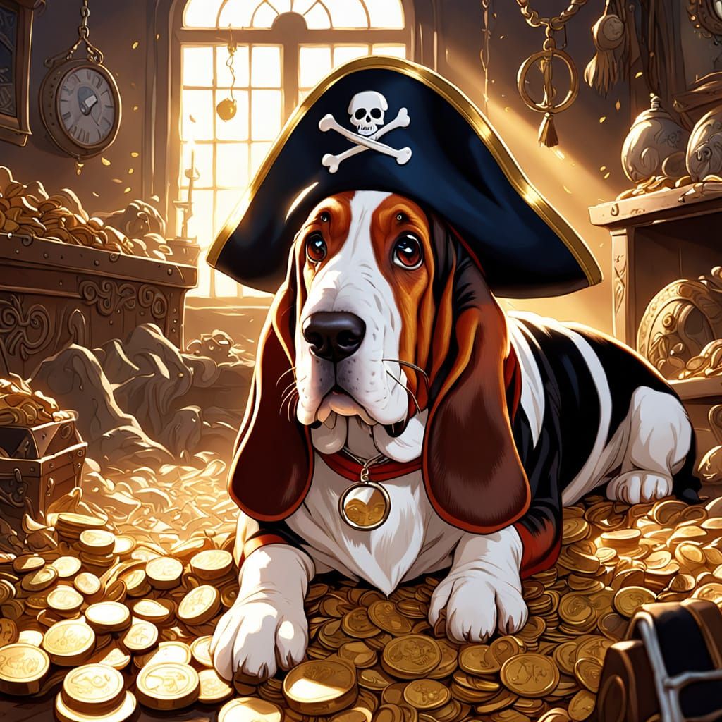 Basset Hound Pirate Captain Surveys Treasure Hoard