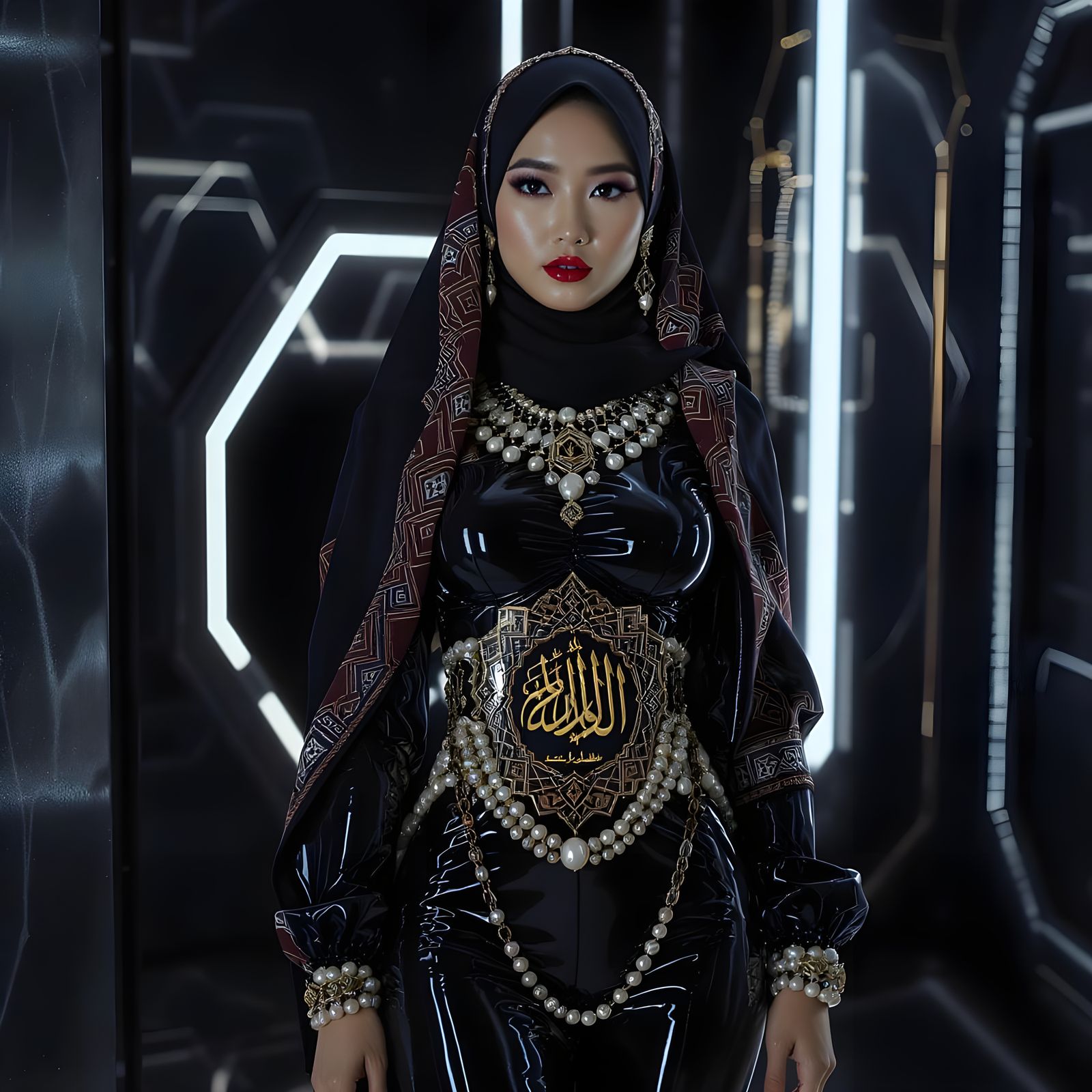 Woman in Hijab with Pearl Chain, Syd Mead Style