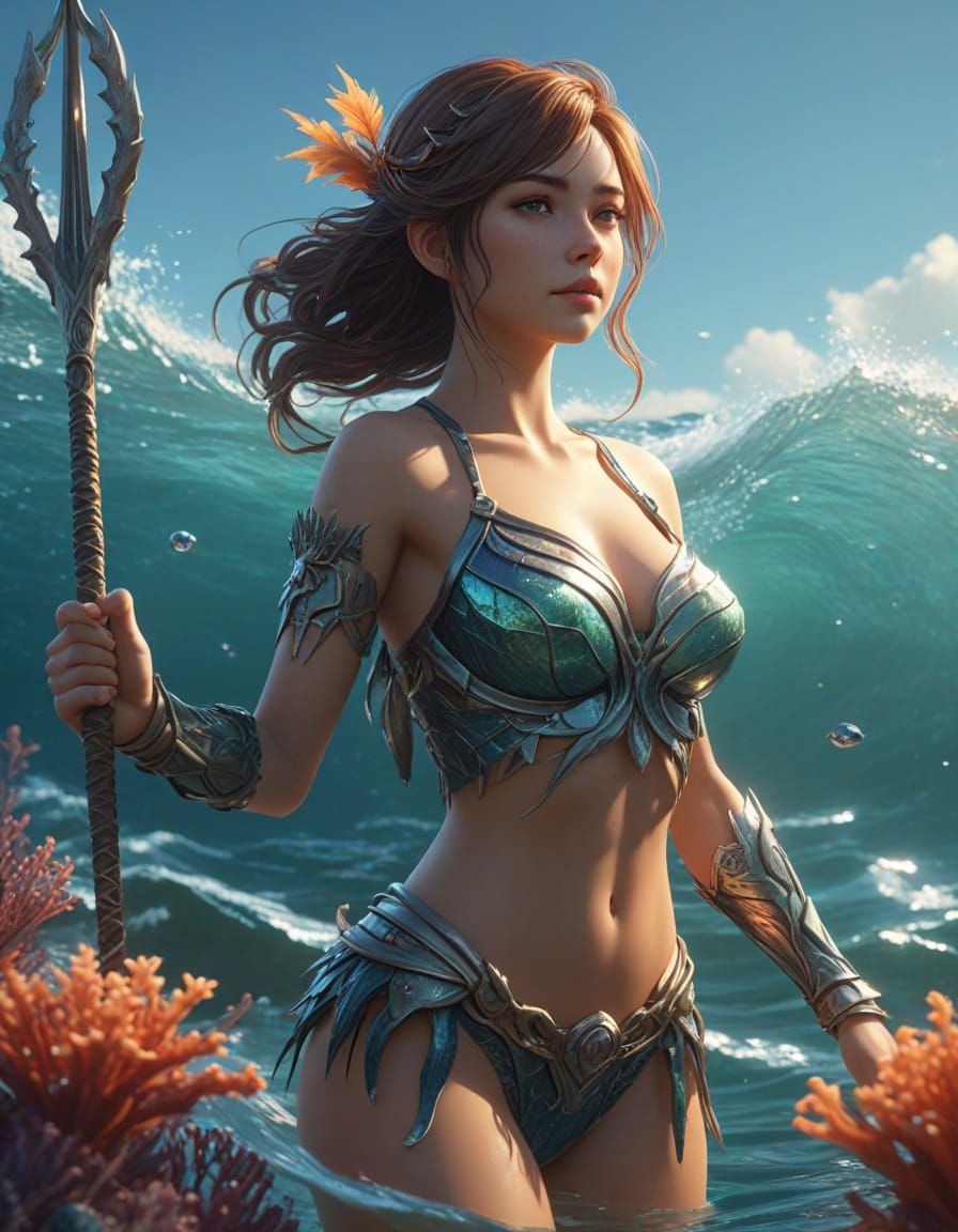 Beautiful Anime Goddess Commands the Ocean with Majestic Tri...