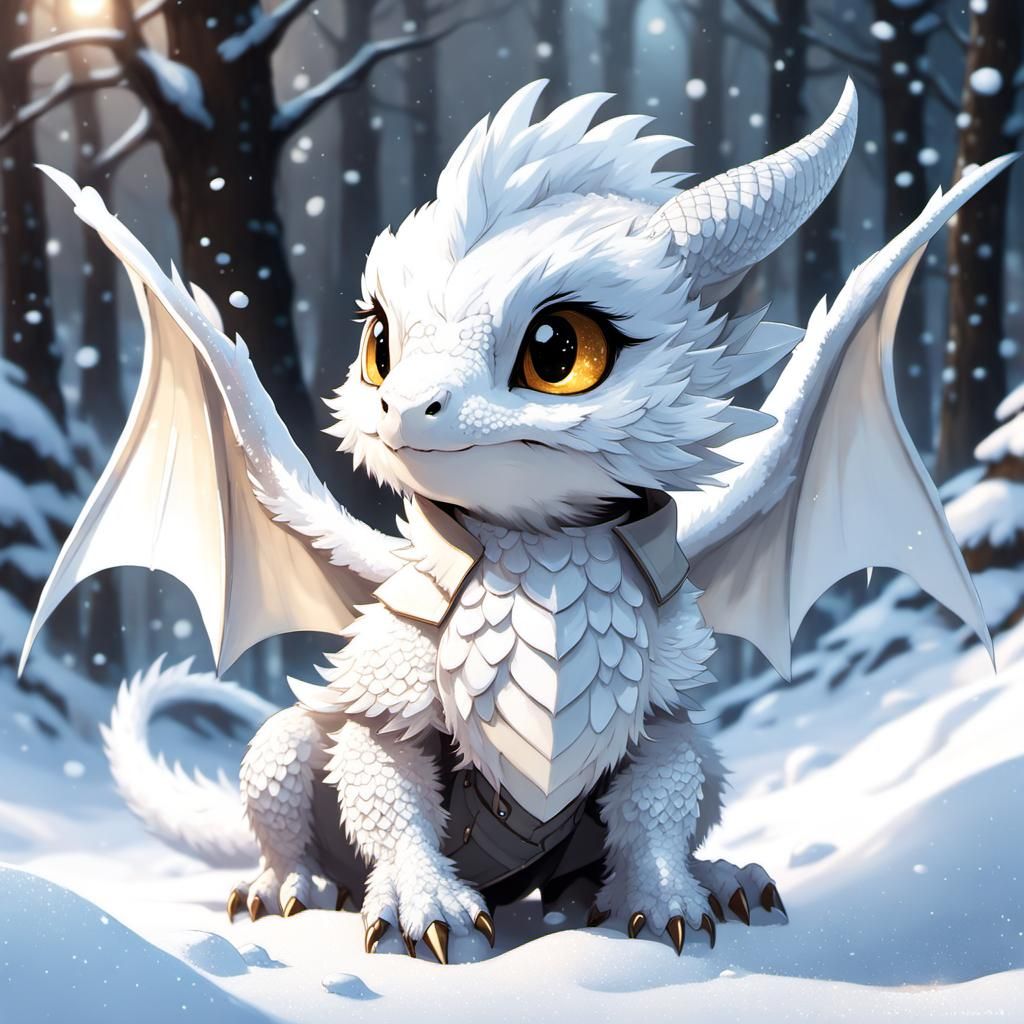 Baby Dragon Detective in Snow, Detailed Digital Art