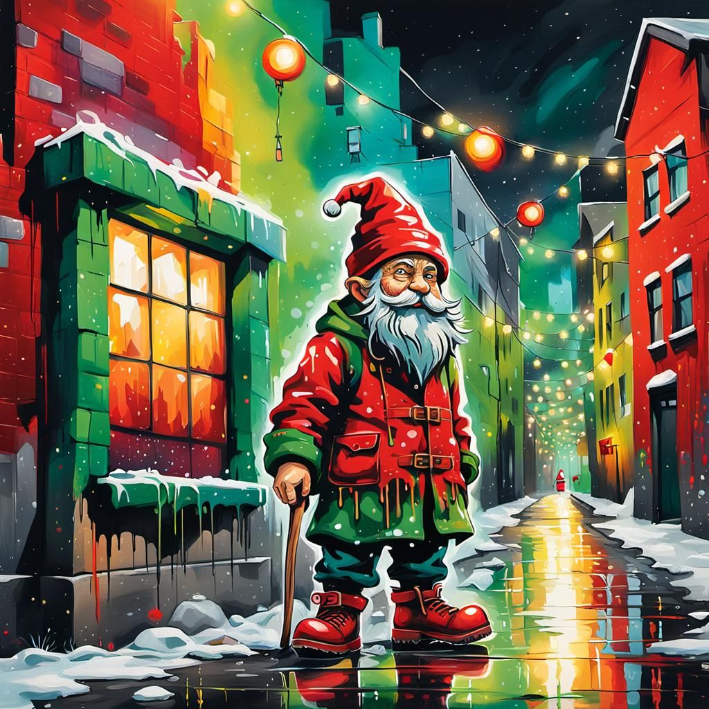 Vibrant Street Art Christmas Gnome in Neon City