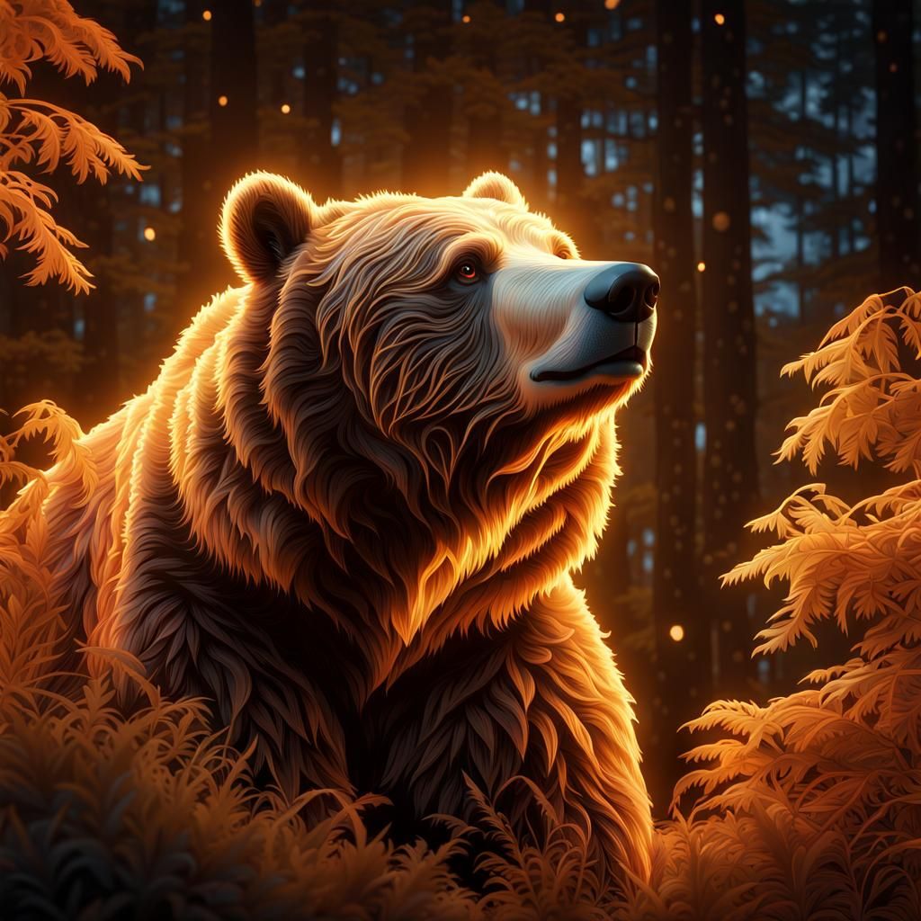 Bioluminescent Fluffy Brown Bear in Filigree Style