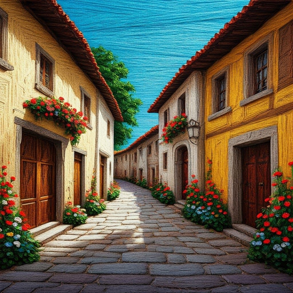 Charming Village Street Rendered in Colorful String Art