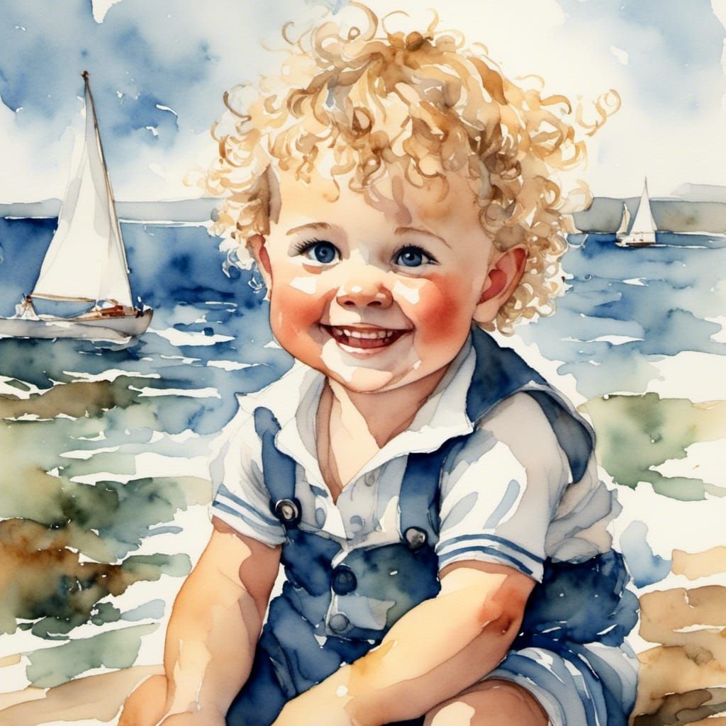 Watercolor Baby Boy in Sailor Suit