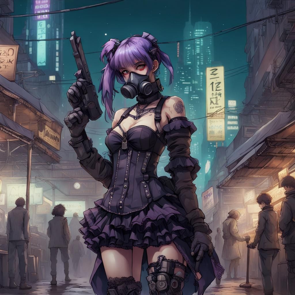 Cyberpunk Woman with Purple Hair in Night Market