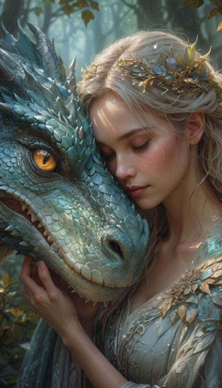 Woman and Dragon Cuddle in Misty Forest