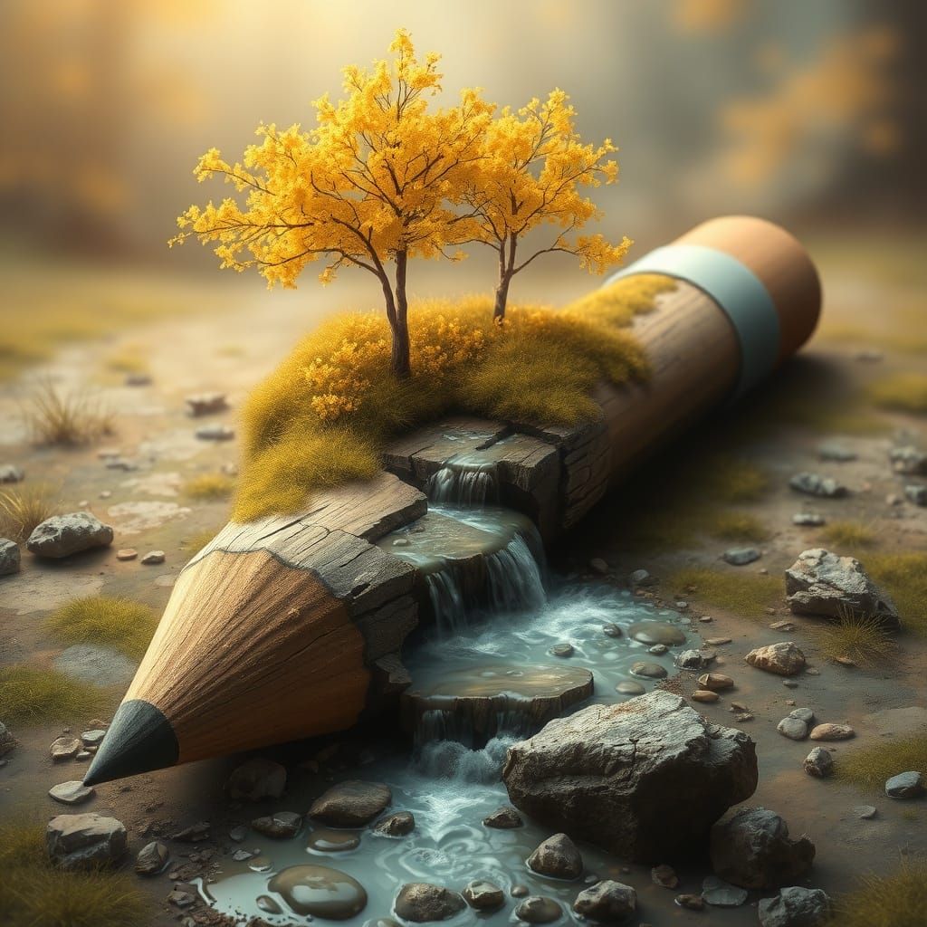 Surreal Oil Artwork of a Giant Mossy Pencil Waterfall