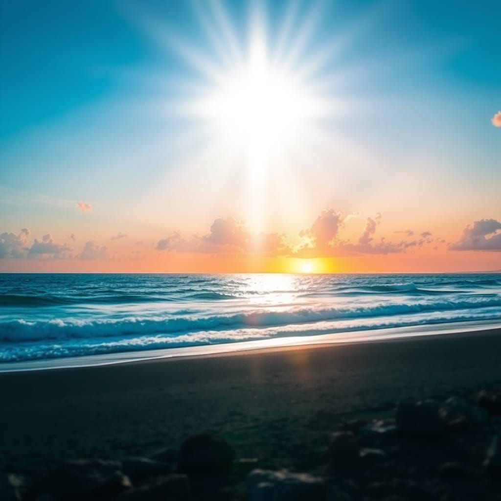 Heavenly Sunbeam Illuminates Sandy Beach at Sunset
