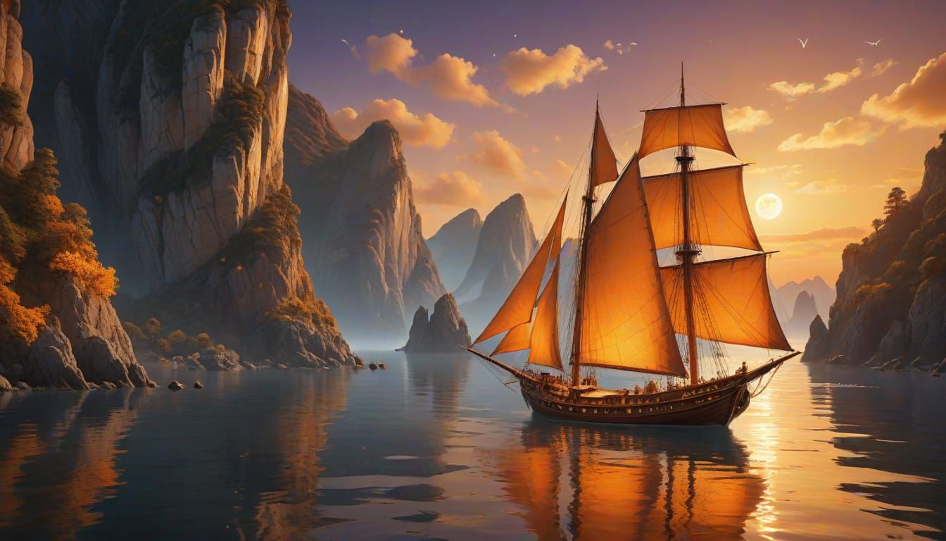 Fantasy Seascape with Glowing Amber Sails at Sunset