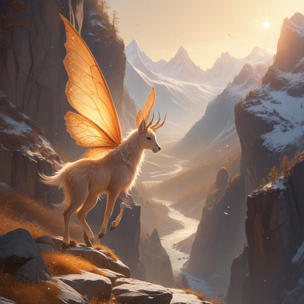 Fairy Chamois Hybrid with Butterfly Wings in Alpine Scenery
