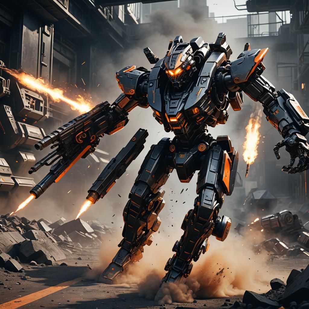 Futuristic Mech in Action: Sci-Fi Cinematic Scene