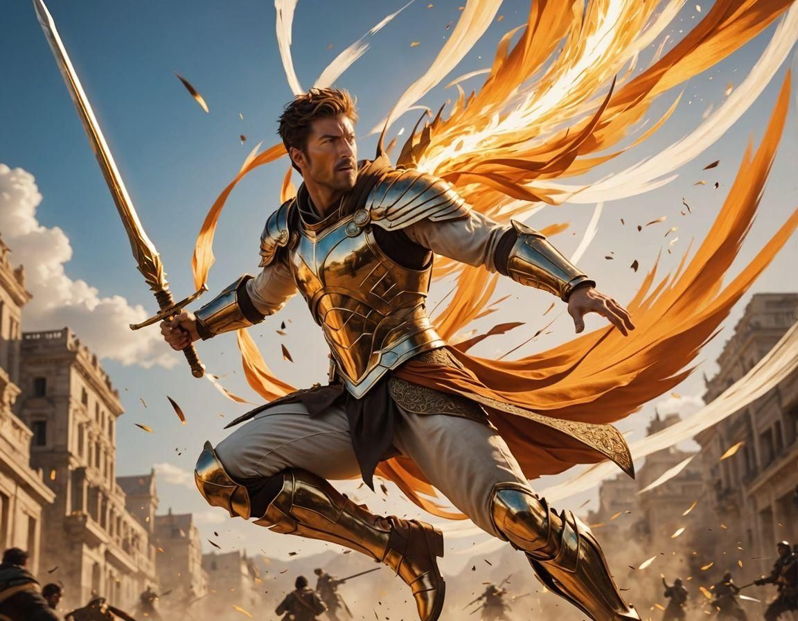 Dynamic Warrior Action Shot in Golden Light