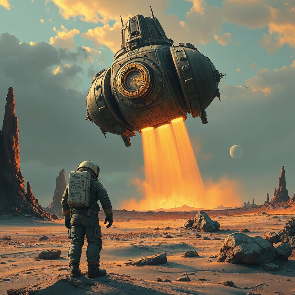 Steampunk Spacecraft on Alien Planet in Retro-Futurism Style