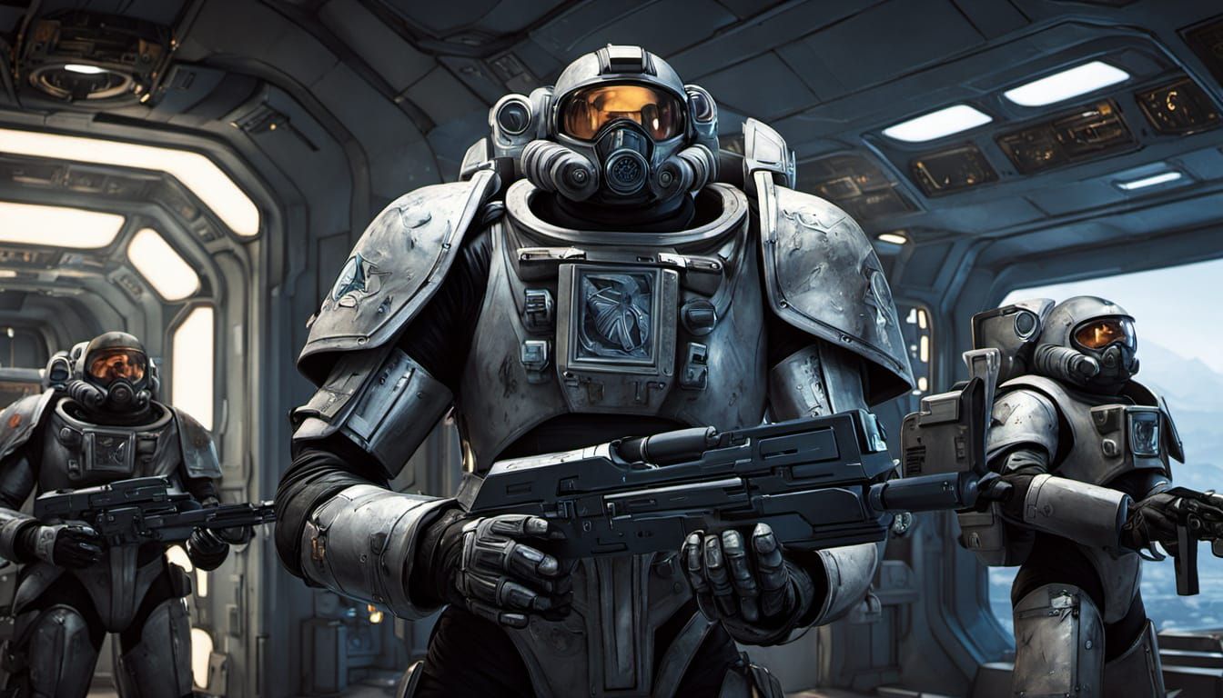 Space Marine Commander Leads Mission in Bustling Spaceport