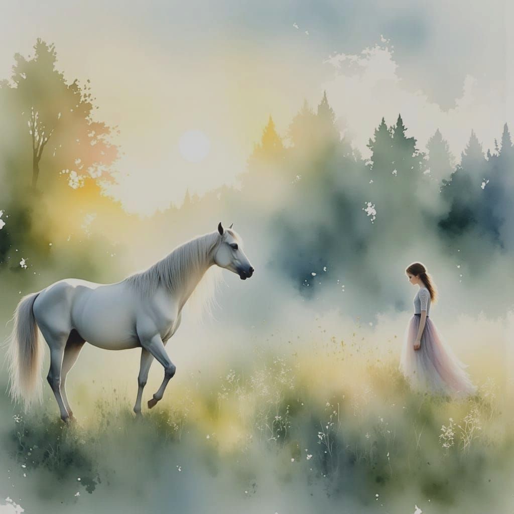 Whimsical White Horse in a Misty Watercolour Dreamscape