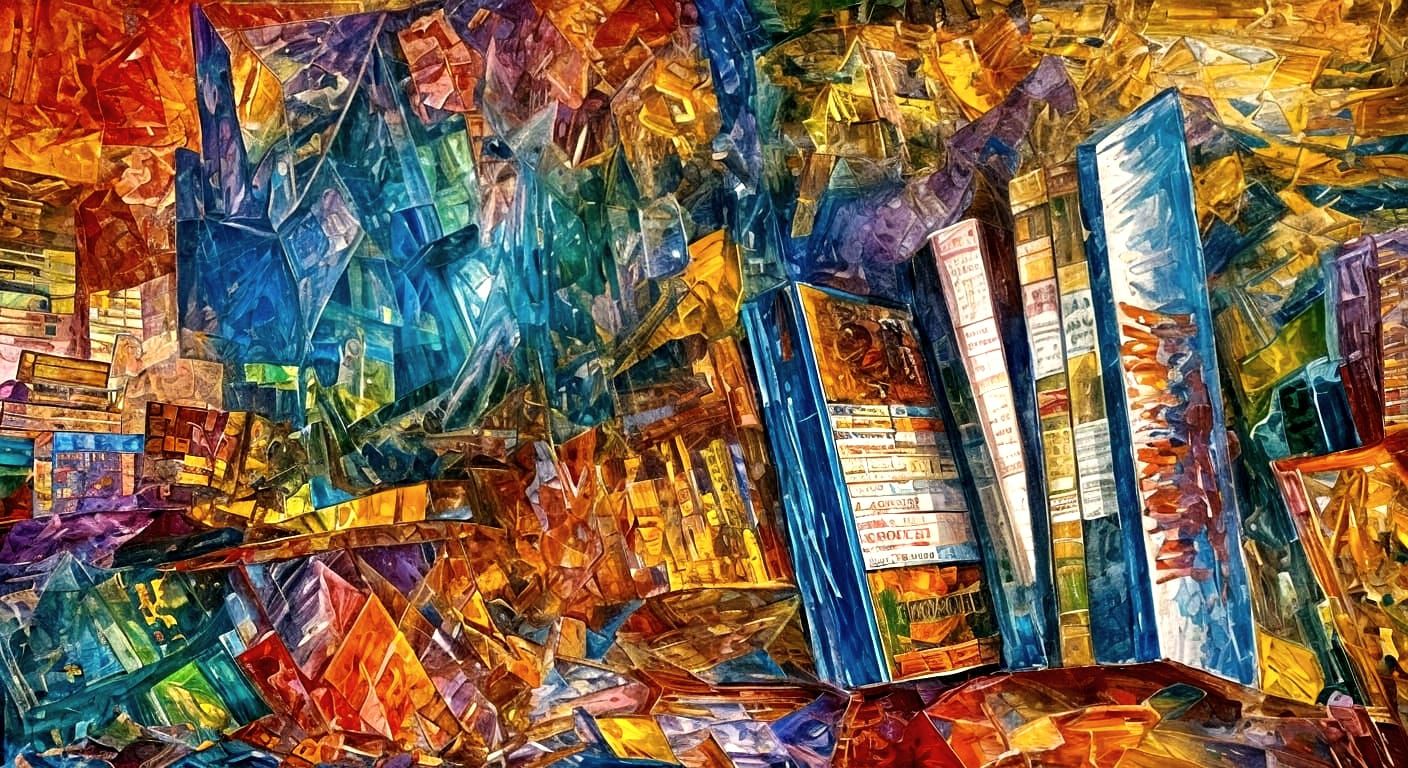 Dr. Strange Amidst Cubes of Books in Neo-Impressionist Style