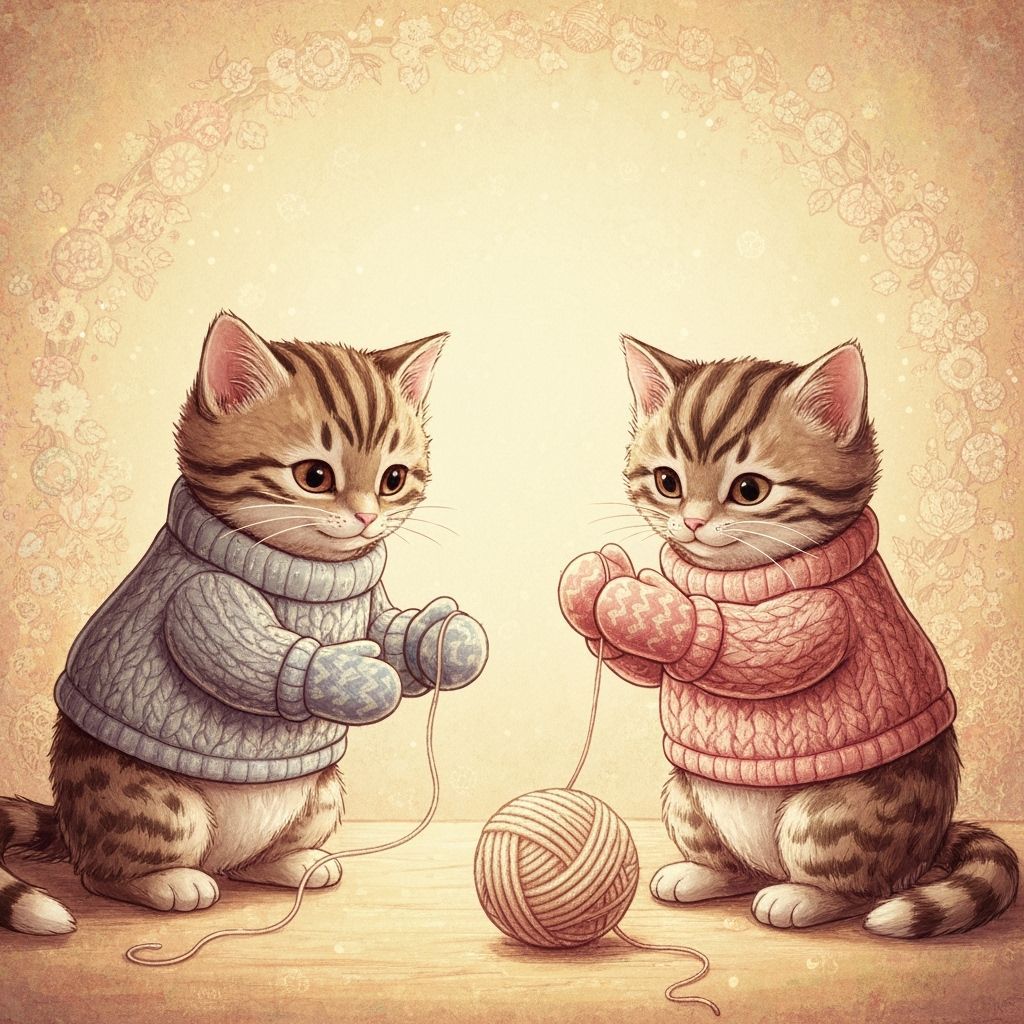 Pastel Kittens Play with Yarn, Whimsical Art