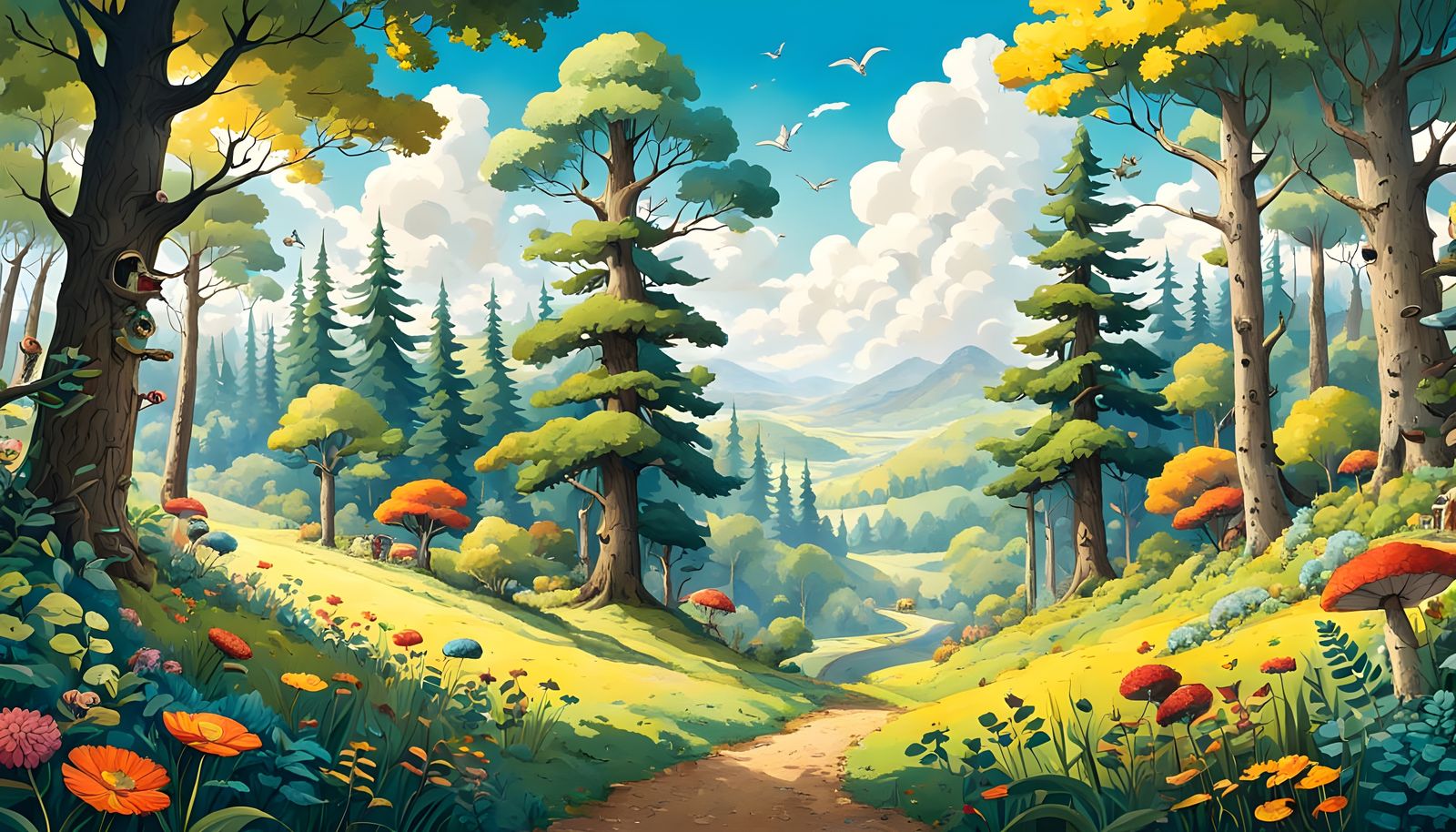 Colorful Cartoon Forest with Majestic Mountains