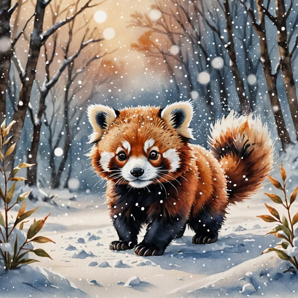 Cute Red Panda's First Snow in Watercolor