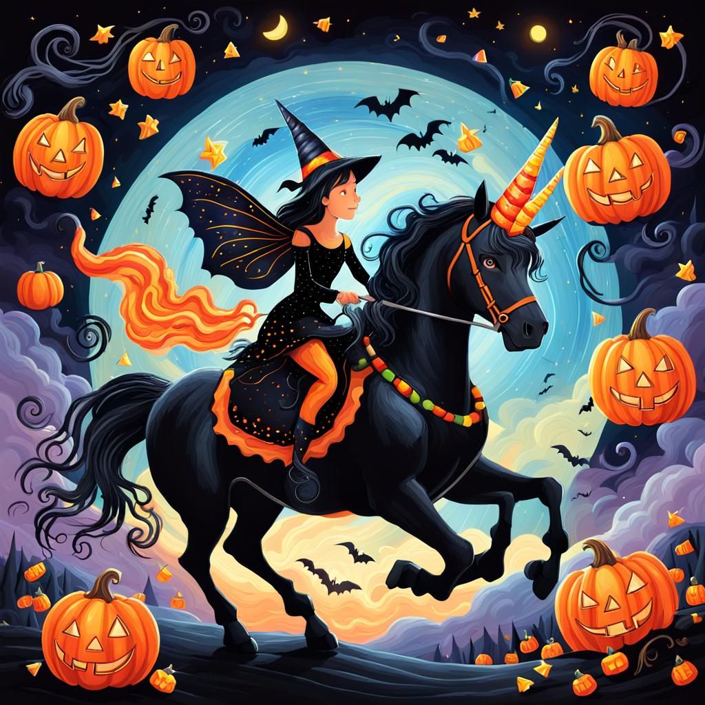 Fairy Rides Unicorn on Halloween Night: Whimsical Illustrati...