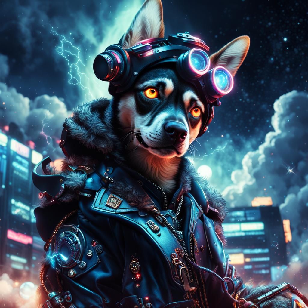 Cyberpunk Dog in Vintage Tech Dreamscape