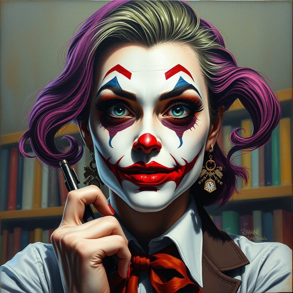 Elegant Female Joker as Librarian in Painterly Style