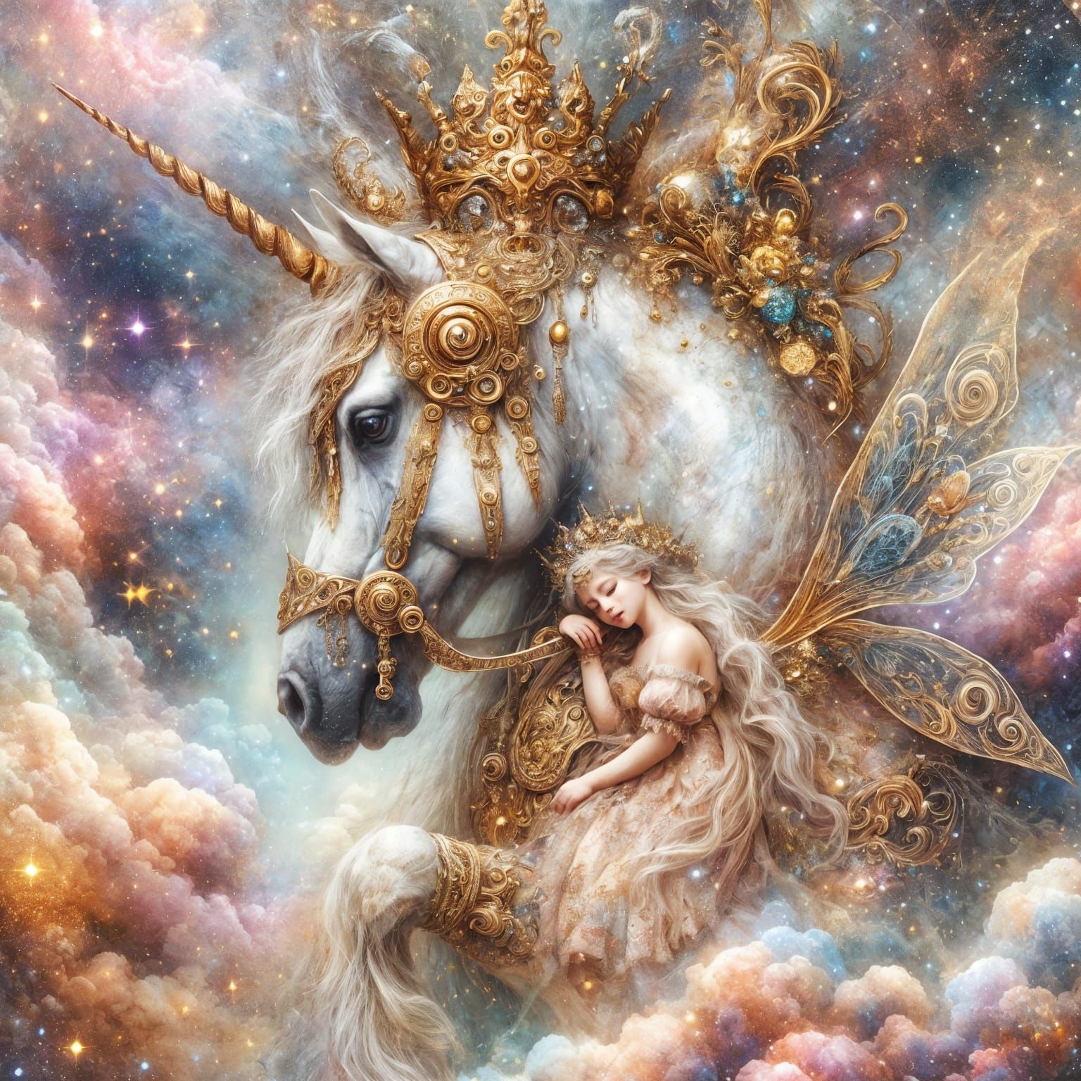 Unicorn with Fairy in Ethereal Pastel Scene