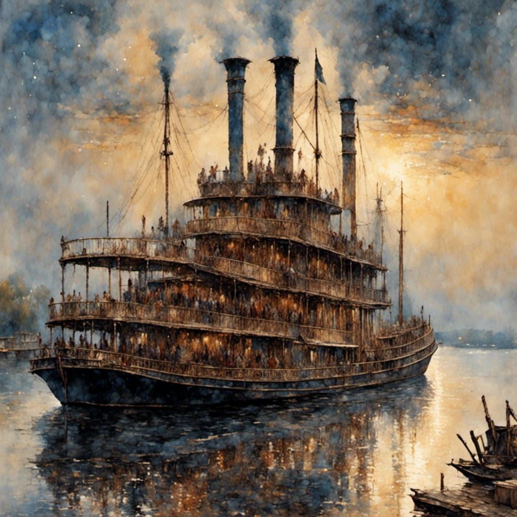Mississippi River Steamboat in Pointillist Style