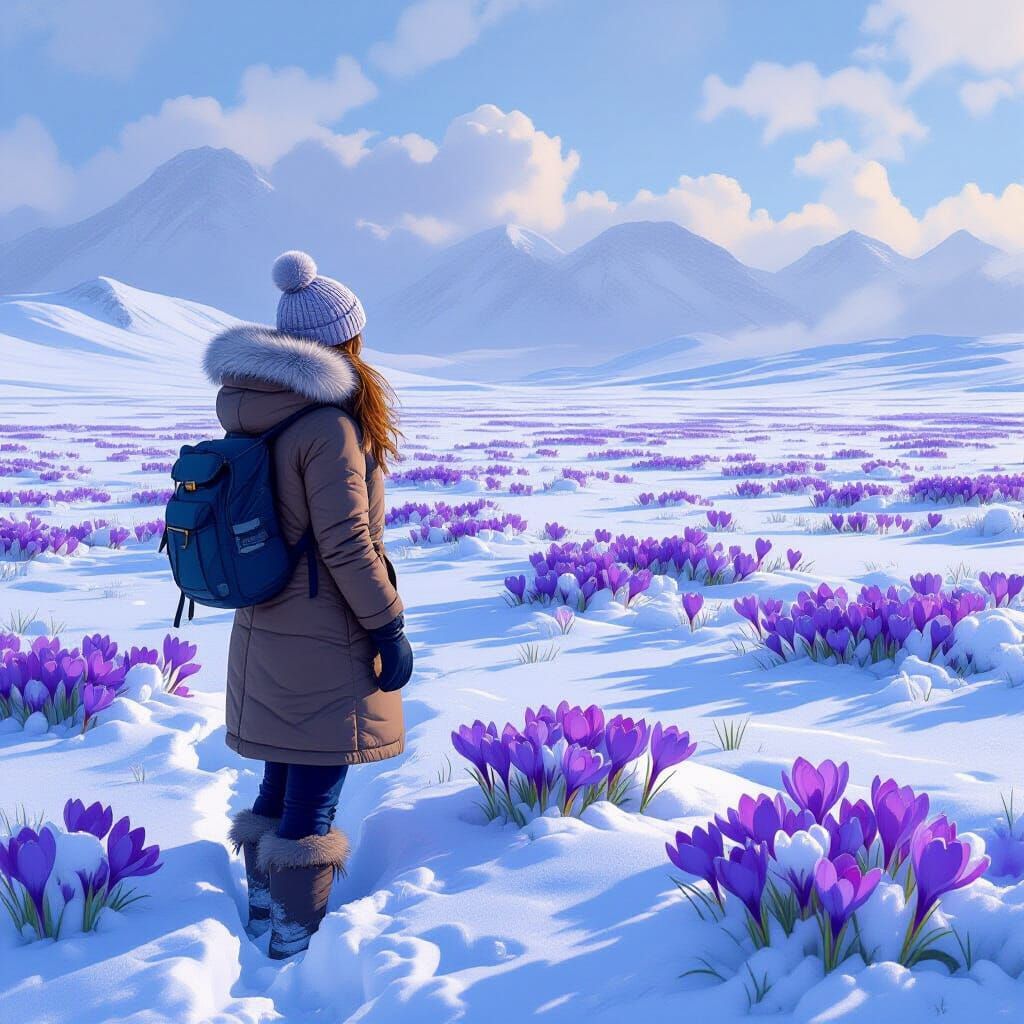 Tundra winter spring crocus rising through the snow and ice