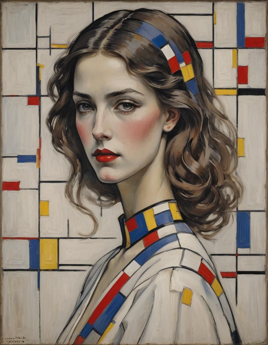 Woman in Mondrian Abstract Style