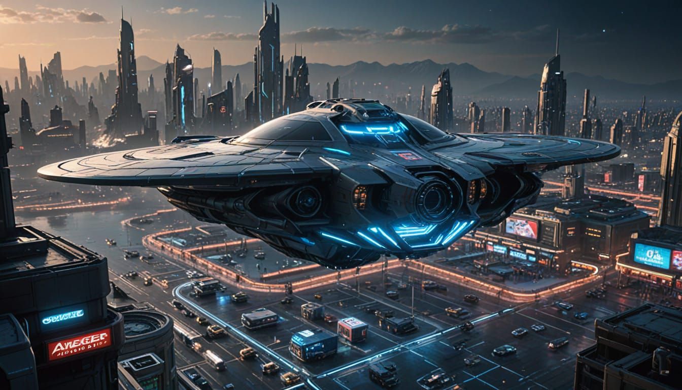 Cyberpunk Spaceship Descends on Futuristic Landing Pad